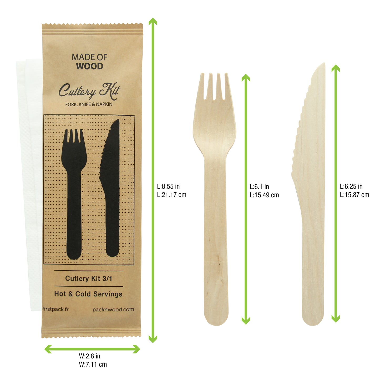 Wooden Cutlery 3/1 kit (Knife + Fork + Napkin)