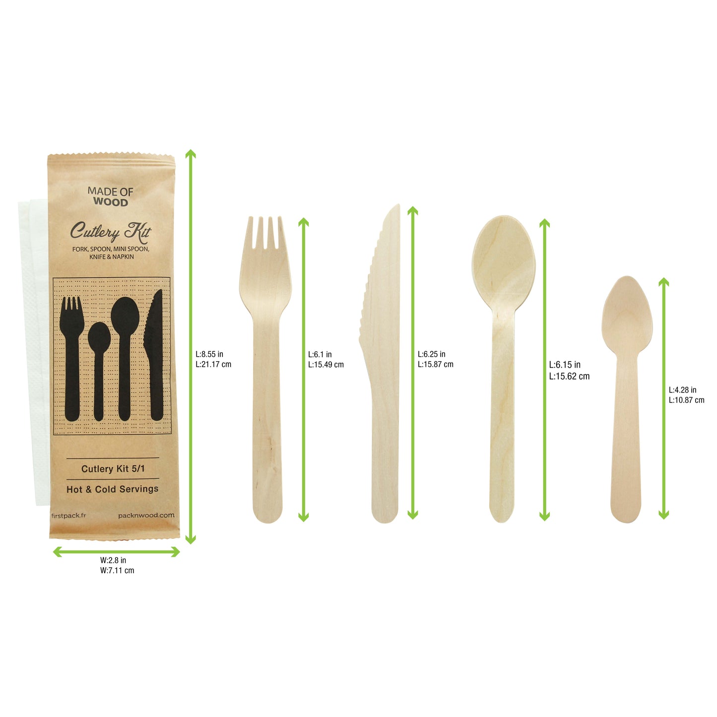 Wooden Cutlery 5/1 kit (Knife + Fork + Spoon + Mini Spoon + Napkin)