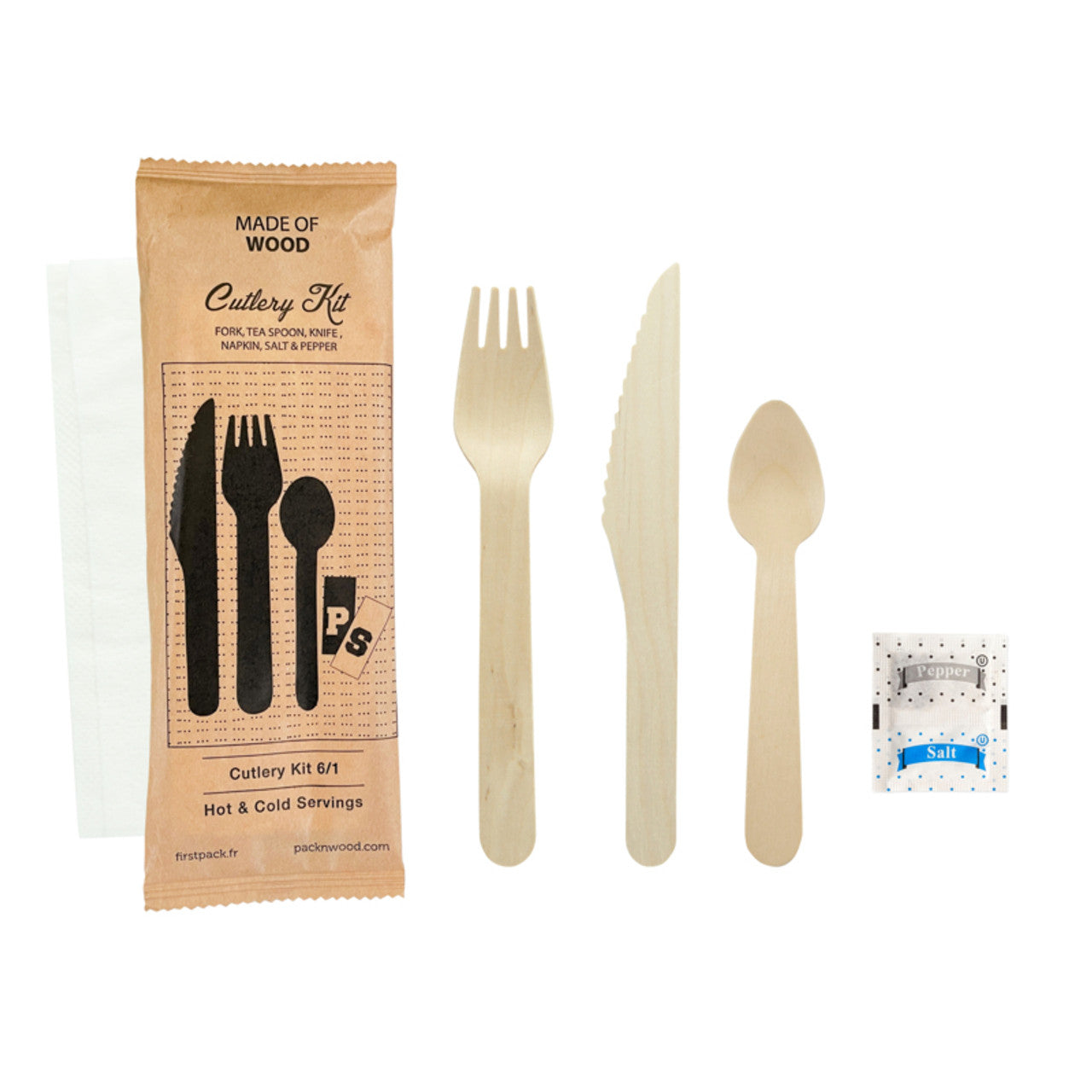 Wooden Cutlery 6/1 kit (Knife + Fork + Tea Spoon + Napkin + Salt & Pepper)