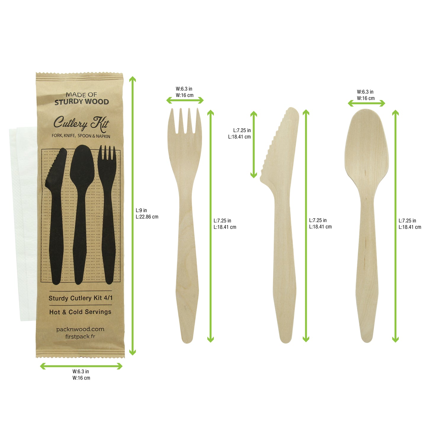 Heavy Weight Wooden Cutlery 4/1 kit (Knife + Fork + Spoon + Napkin)