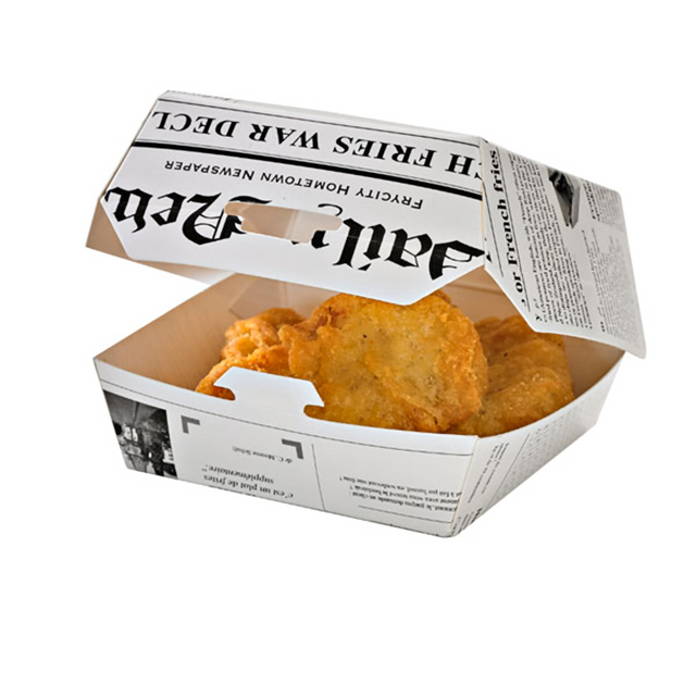White Newsprinted Hamburger Clamshell Take Out Box