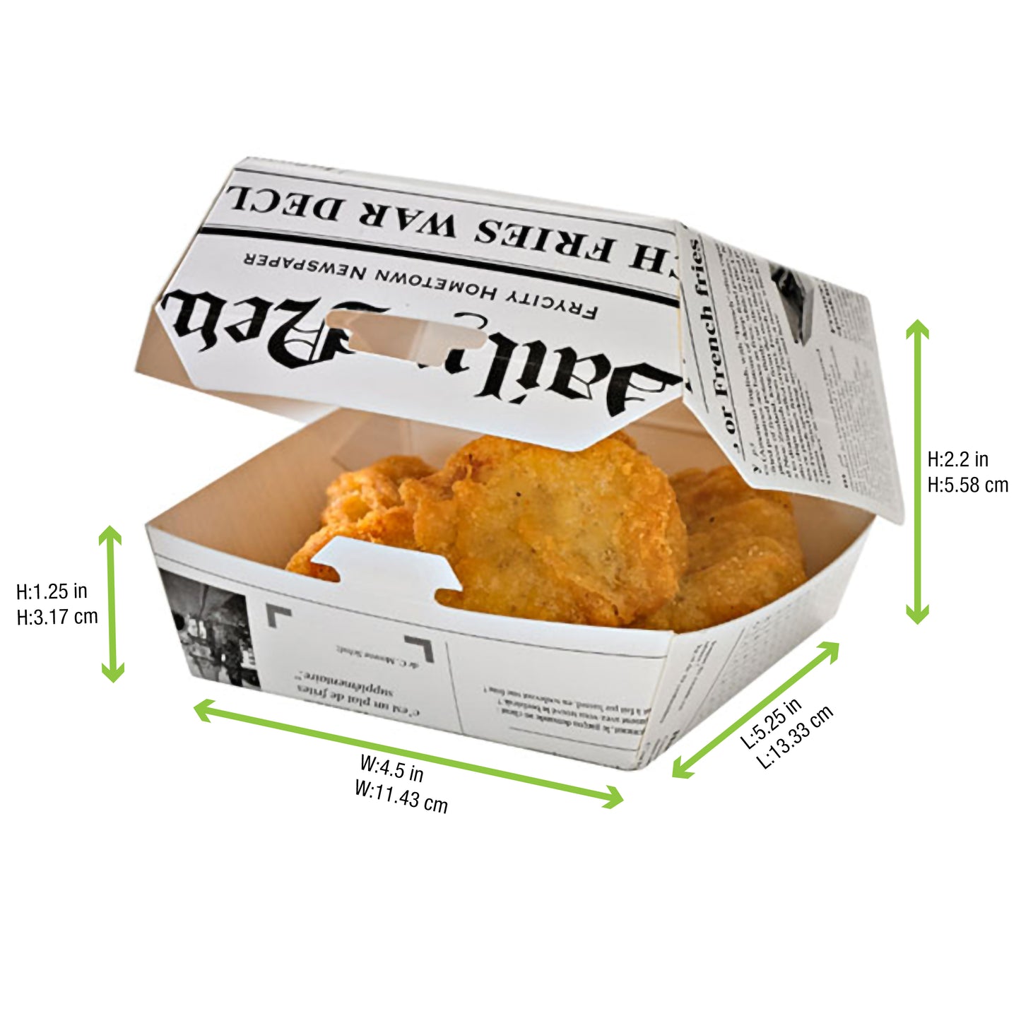 White Newsprinted Hamburger Clamshell Take Out Box