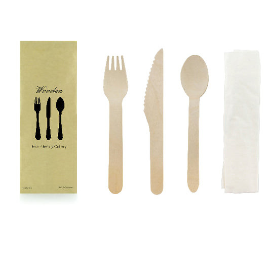 Wooden Cutlery 4/1 kit (Knife + Fork + Spoon + Napkin)